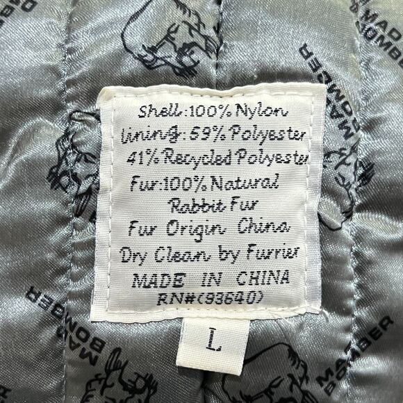 Black Supplex Bomber Trapper Hat w/100% Grey Rabbit Fur Trim 304BLK - Large - Picture 5 of 5